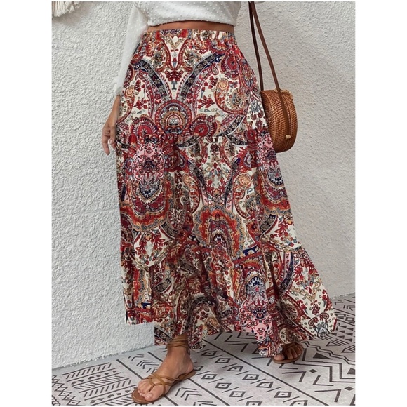 Boho Red Paisley Print Ruffle Maxi Skirt - Picture 2 of 5